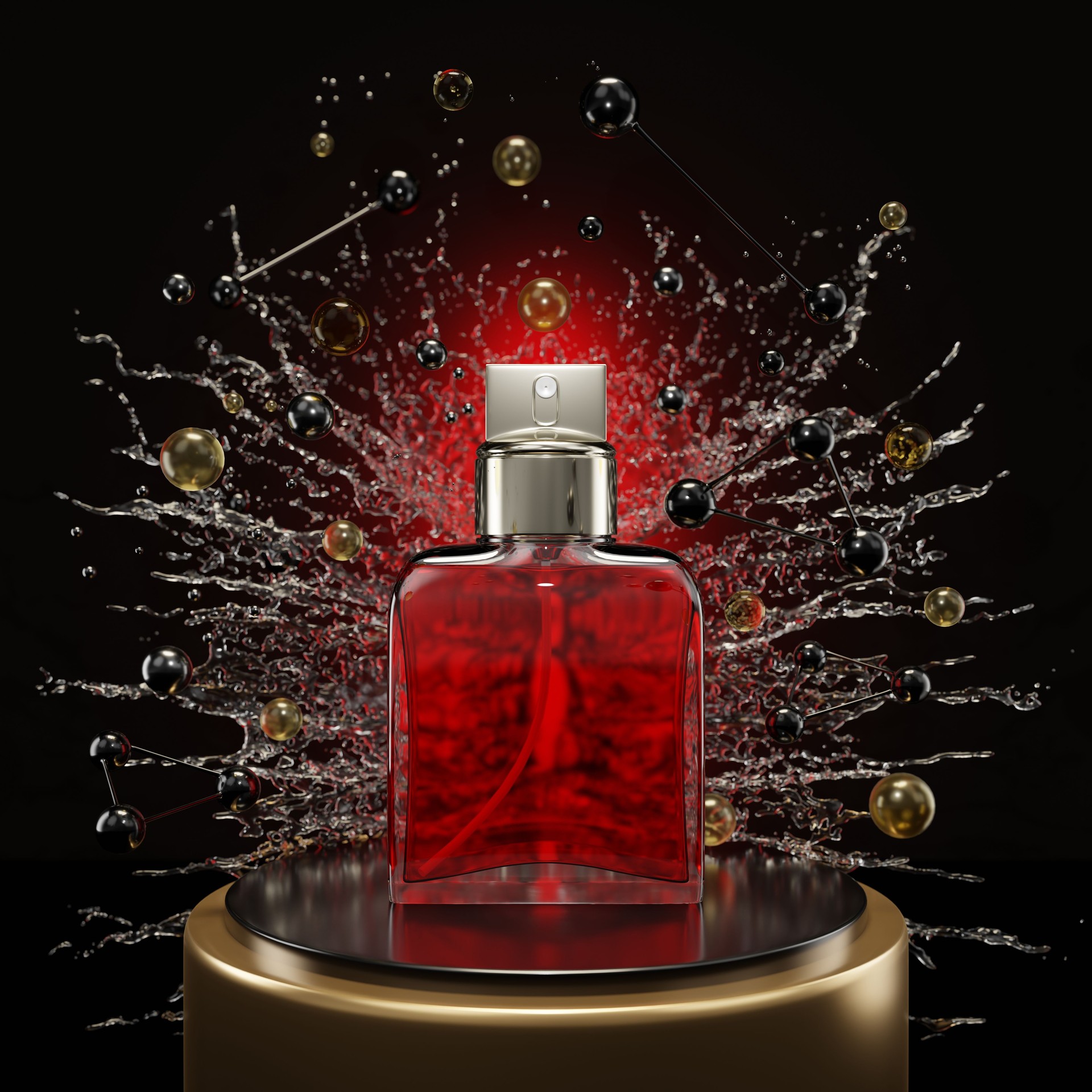 Perfume bottle in a spray of water, lotion is on the podium in the water. 3d render